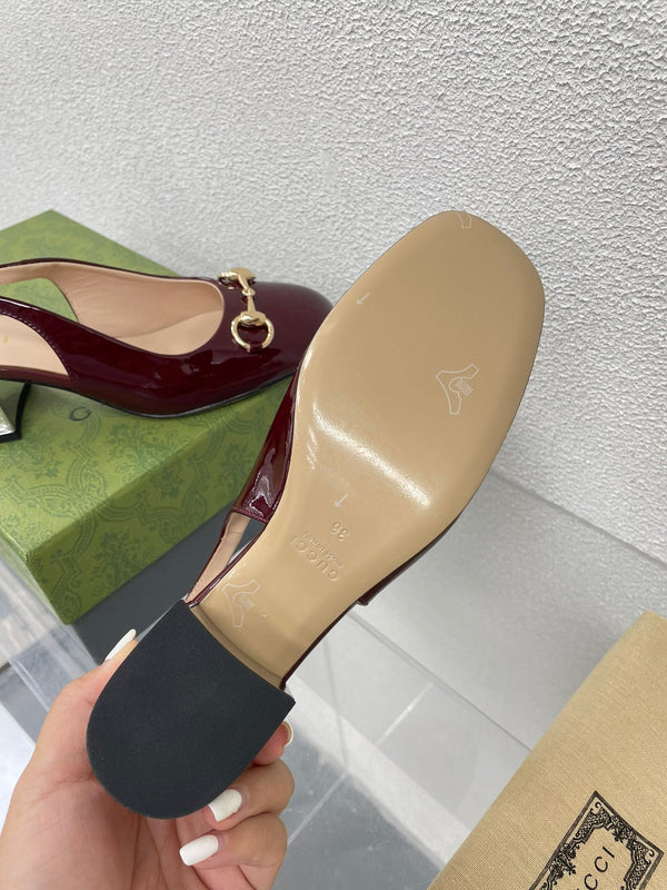 GG WOMEN'S HORSEBIT SLINGBACK IN WINE RED CALFSKIN WITH RHINSTONES