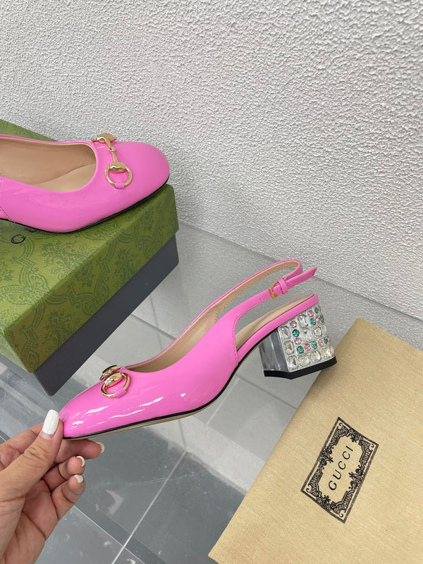 GG WOMEN'S HORSEBIT SLINGBACK IN FUSCIA PINK CALFSKIN WITH RHINSTONES