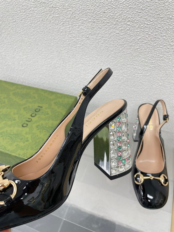 GG WOMEN'S HORSEBIT SLINGBACK 95MM IN BLACK CALFSKIN WITH RHINSTONES