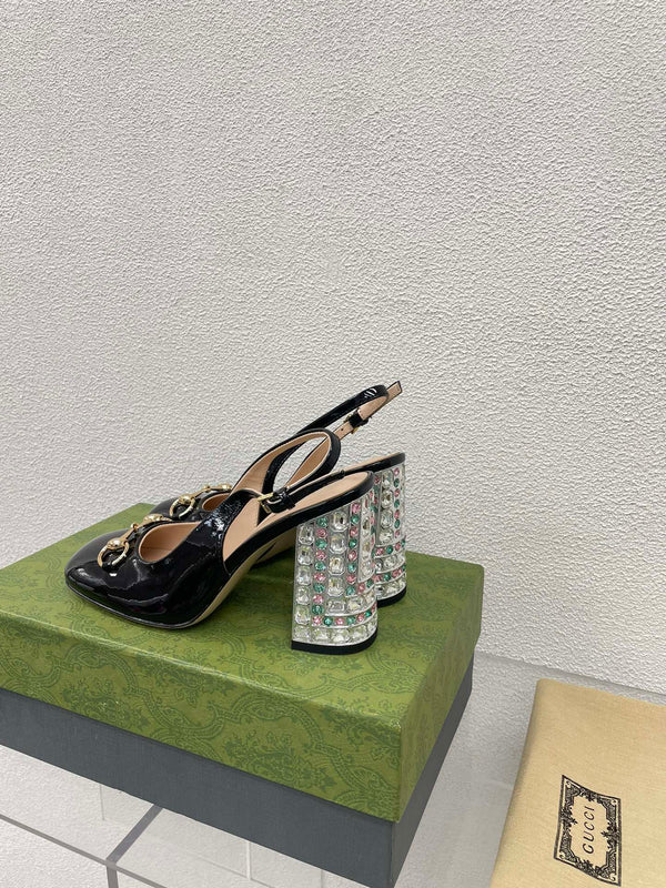 GG WOMEN'S HORSEBIT SLINGBACK 95MM IN BLACK CALFSKIN WITH RHINSTONES