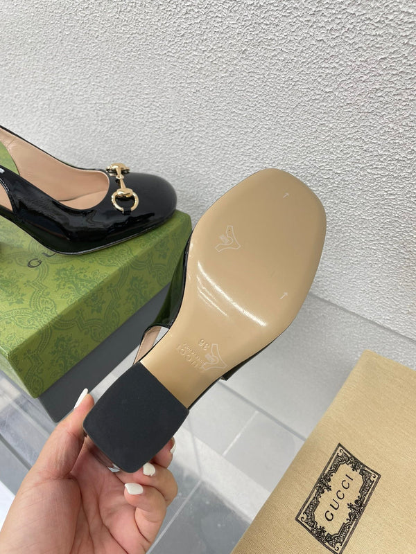 GG WOMEN'S HORSEBIT SLINGBACK 95MM IN BLACK CALFSKIN