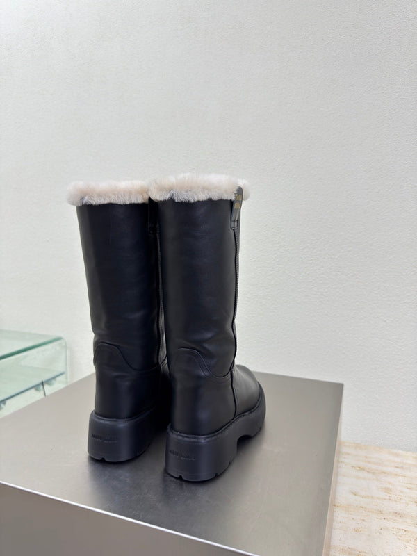 MiuMiu 25 platform boots black calfskin wool 522429