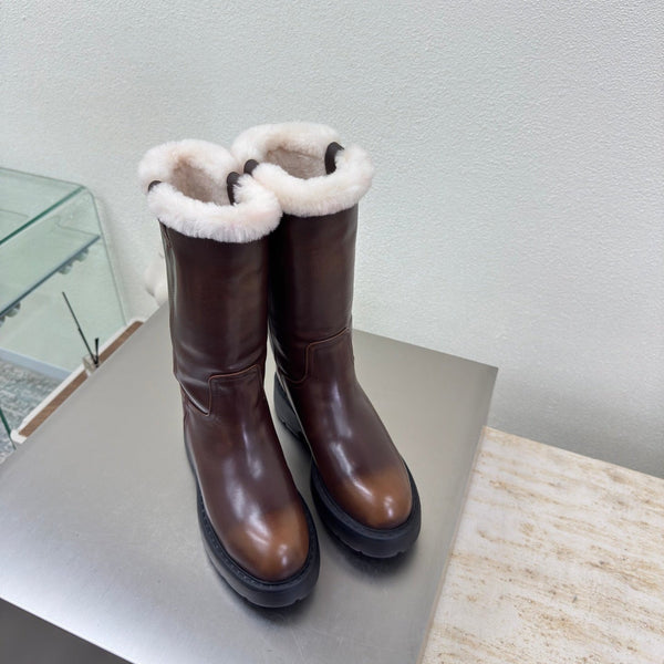 MiuMiu 25 platform boots brown calfskin wool 522430