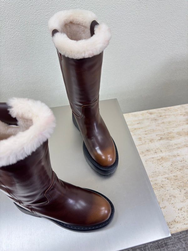 MiuMiu 25 platform boots brown calfskin wool 522430