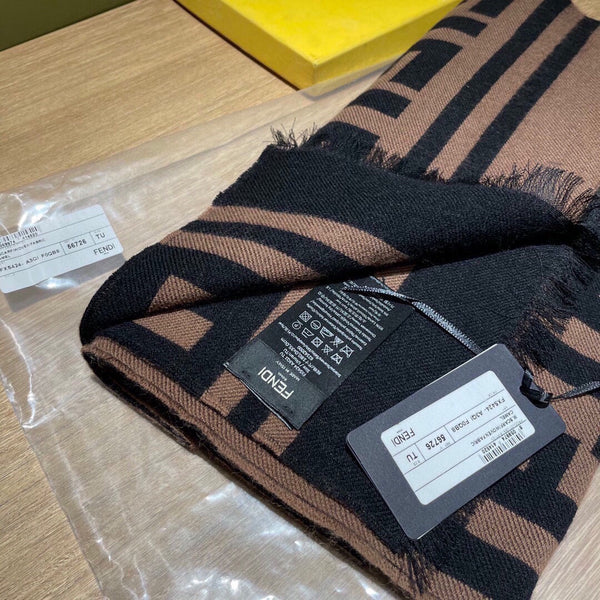 FF 180 CM SCARF IN CAMEL BROWN MIX BLACK CASHMERE AND WOOL