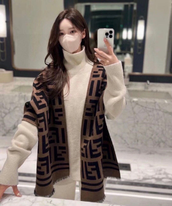 FF 180 CM SCARF IN CAMEL BROWN MIX BLACK CASHMERE AND WOOL