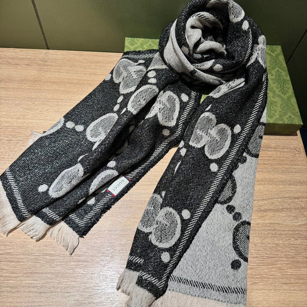 SCIARPA 195 CM IN LANA GG LAMÉ JACQUARD NERO E GRIGIO CHIARO 403977