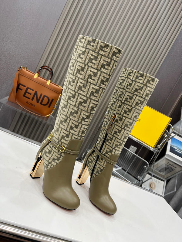 FENDI knee boots high heel monogram olive cowhide 521219