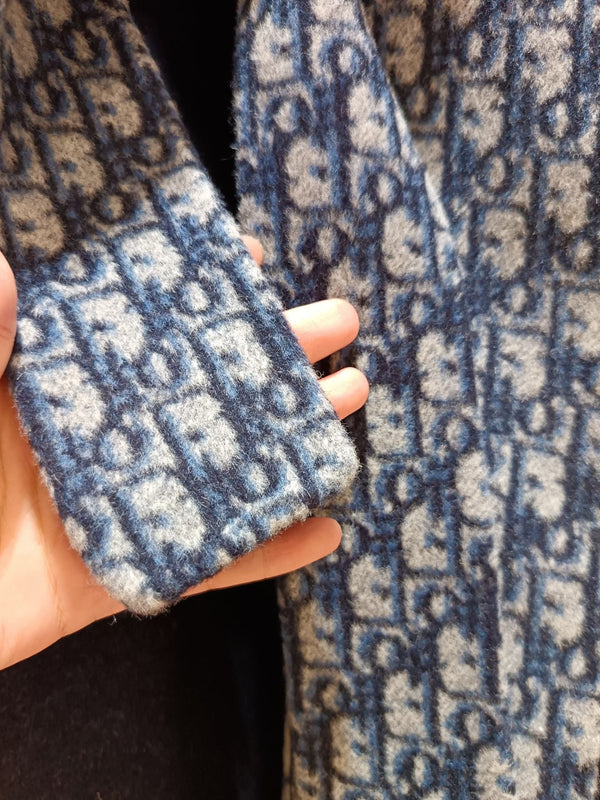 CD Hooded Long Coat Navy Blue Wool Silk