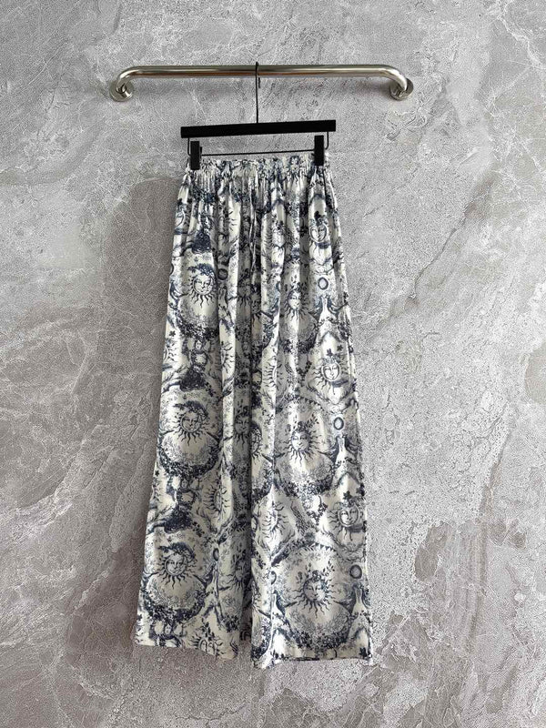 CD Sun God Printed Wide Leg Pants Beige Blue Cotton