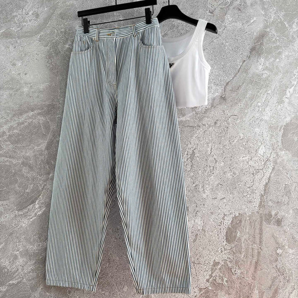 Pantaloni a righe Prada in misto cotone bianco e blu