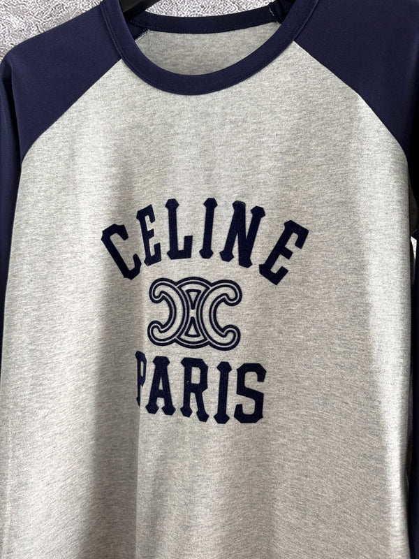 Celine 25 Flocked T-shirt Gray mix Navy Blue Cotton