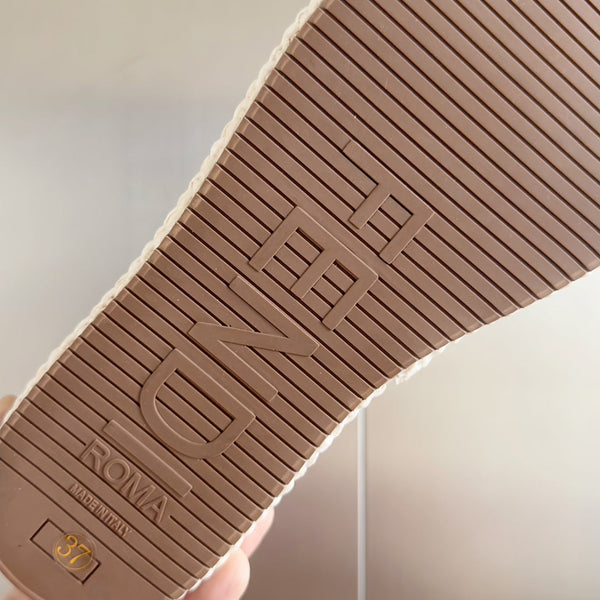 FENDI PLATFORM WEDGES IN WHITE RAFFIA WITH BROWN EMBROIDERED LOGO