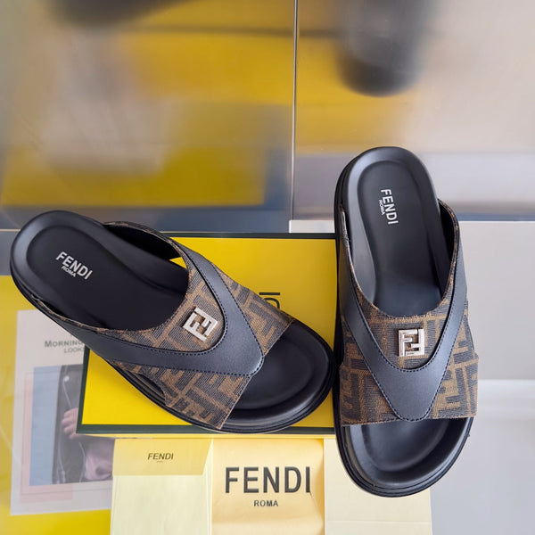 FENDI DIAGONAL ONE-STRAP SLIDE IN BLACK MIX BROWN MONOGRAM CALFSKIN