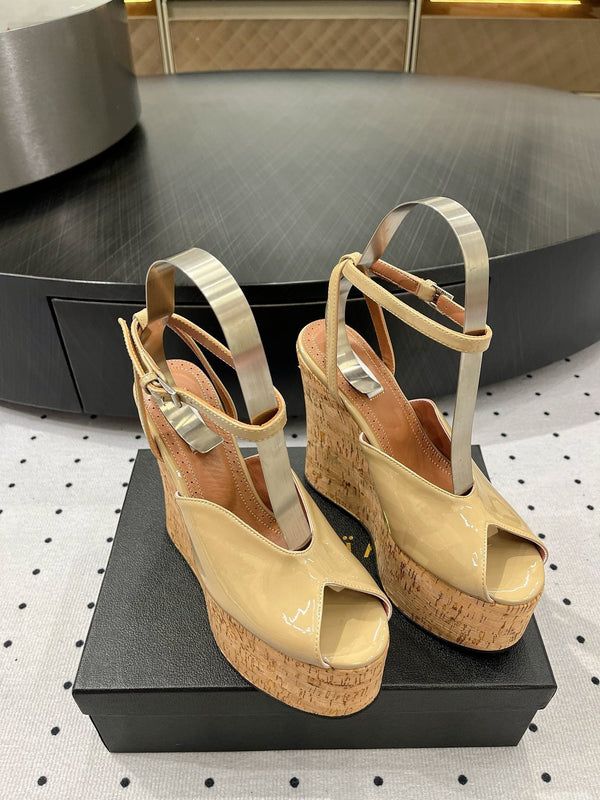 Alaila Wedge Sandals 135mm In Beige Glossy Lambskin 954895