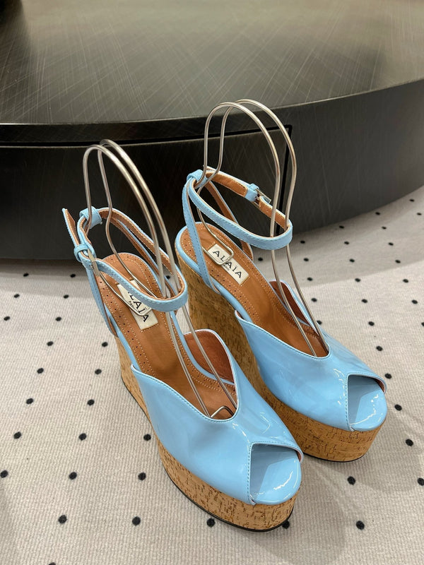 Alaila Wedge Sandals 135mm In Light Blue Glossy Lambskin 954899