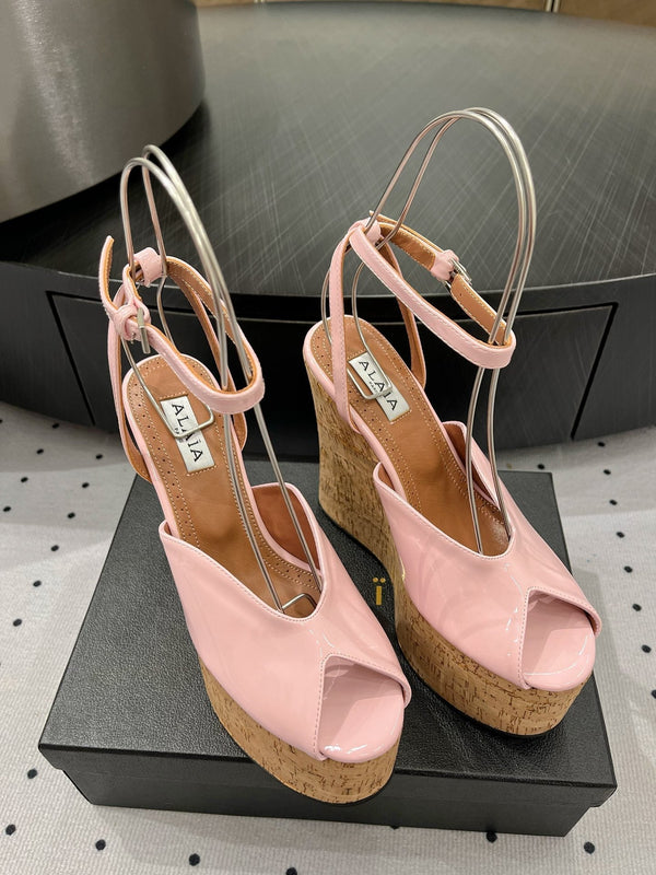 Alaila Wedge Sandals 135mm In Pink Glossy Lambskin 954905