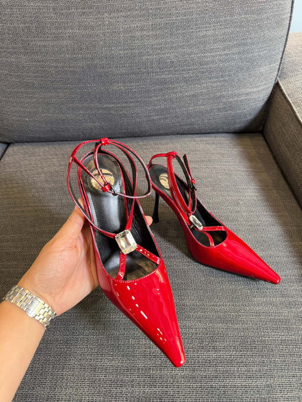 HIGH SANDAL ATTACHED GEM IN RED GLOSSY CALFSKIN