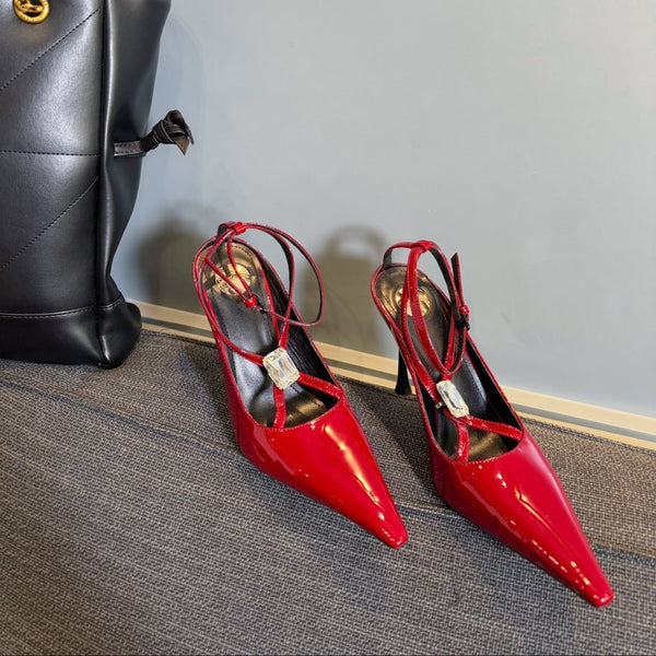 HIGH SANDAL ATTACHED GEM IN RED GLOSSY CALFSKIN