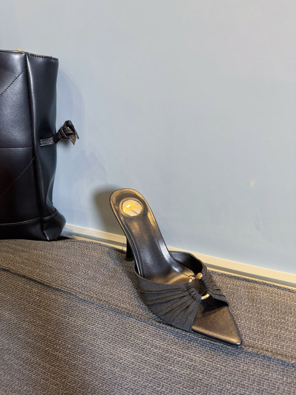 LOLA HIGH MULES IN BLACK SMOOTH LAMBSKIN AND DRAPED JERSEY