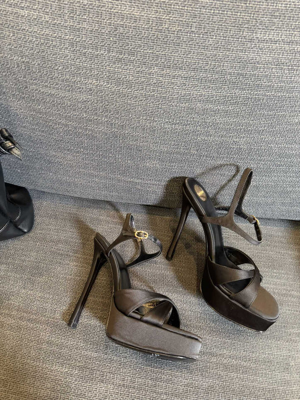 DEBBIE PLATFORM SANDALS IN BLACK SATIN