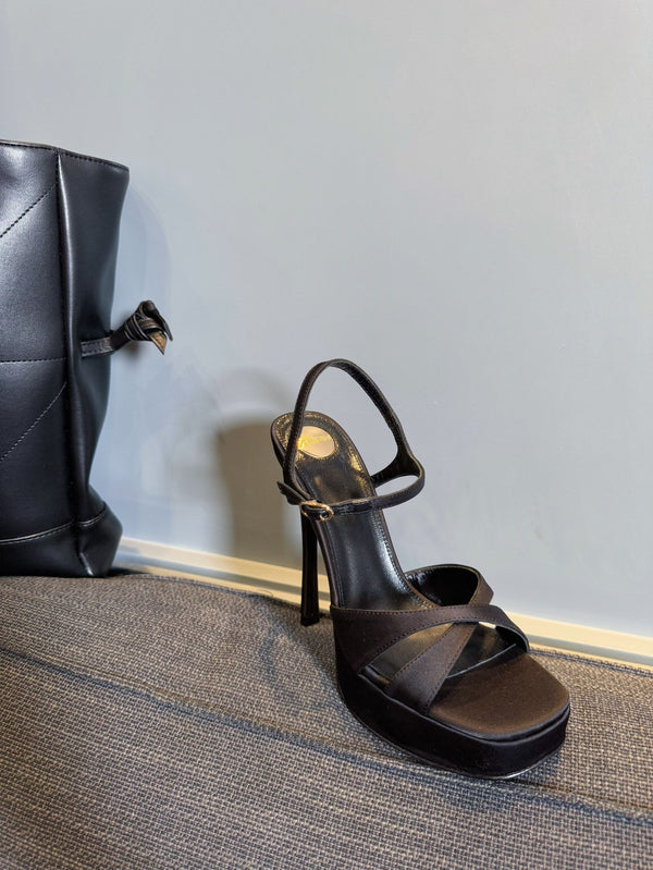 DEBBIE PLATFORM SANDALS IN BLACK SATIN