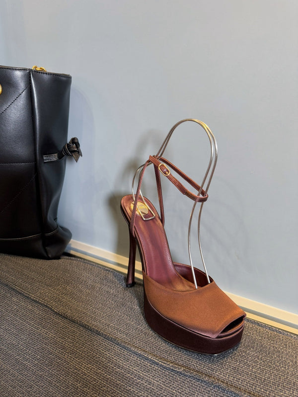 LA SCANDALE PLATFORM SANDALS IN DARK CAPPUCCINO SATIN