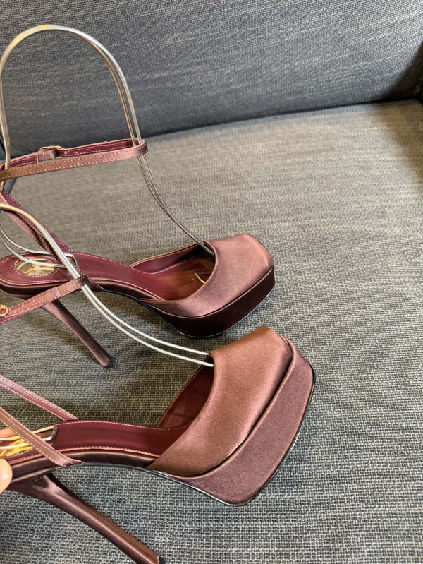 LA SCANDALE PLATFORM SANDALS IN DARK CAPPUCCINO SATIN