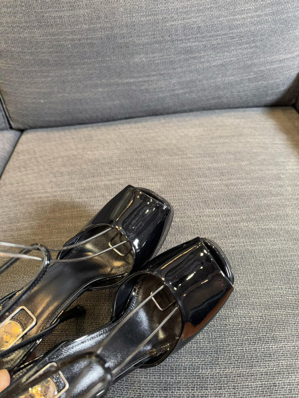 LA SCANDALE PLATFORM SANDALS IN BLACK GLOSSY CALFSKIN