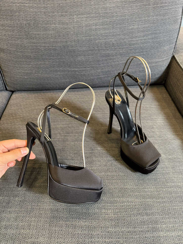 LA SCANDALE PLATFORM SANDALS IN TAUPE BROWN SATIN