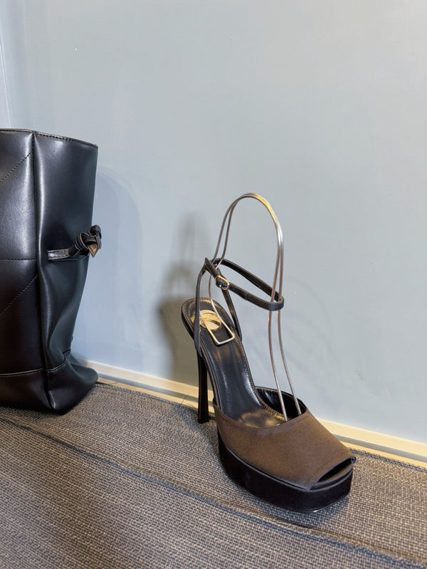 LA SCANDALE PLATFORM SANDALS IN TAUPE BROWN SATIN