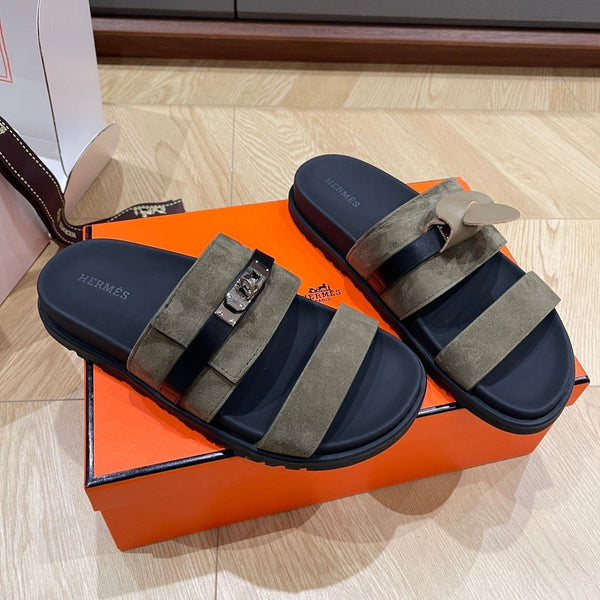 Sandalo HM 25 Jackson in pelle scamosciata color cachi e vitello nero