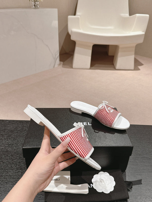 mule sandal striped red white canvas calfskin