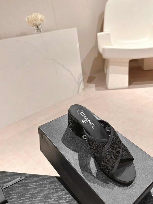 mule sandal 60 cross black lace fabric