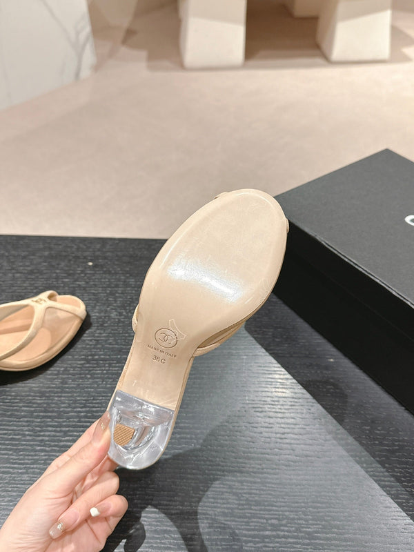 mule sandal 75 beige fabric dark beige calfskin