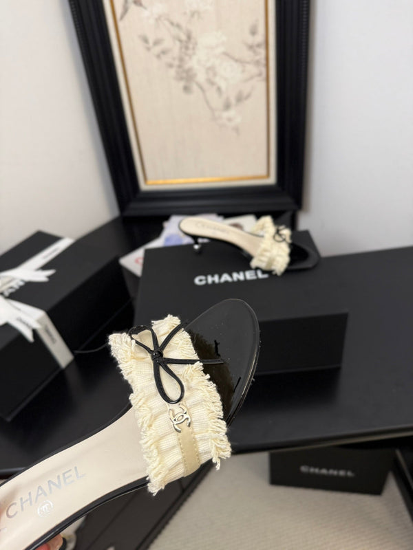 cc25 slide sandal 65mm ruffle bow heels black grosgrain white canvas 233582