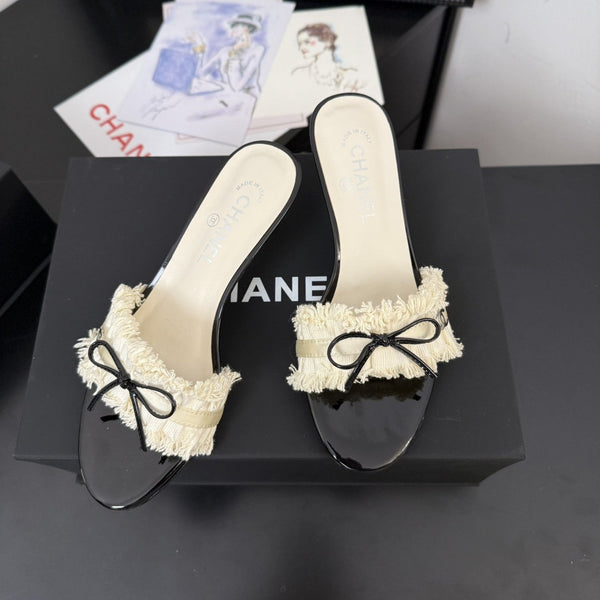 cc25 slide sandal 65mm ruffle bow heels black grosgrain white canvas 233582