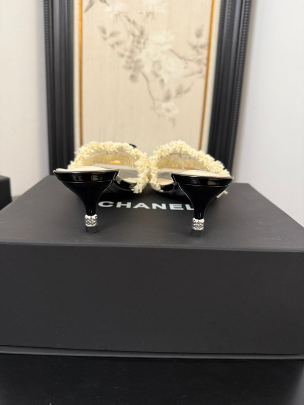 cc25 slide sandal 65mm ruffle bow heels black grosgrain white canvas 233582