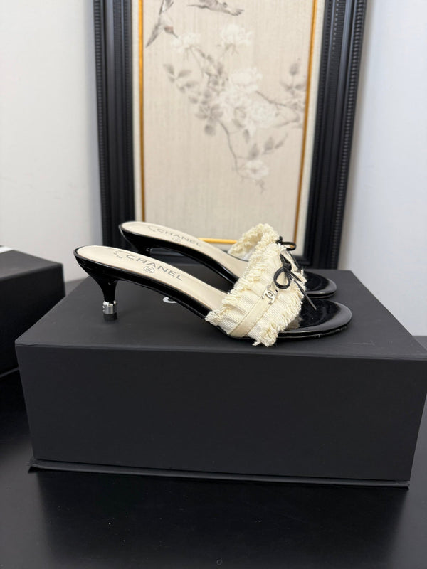 cc25 slide sandal 65mm ruffle bow heels black grosgrain white canvas 233582