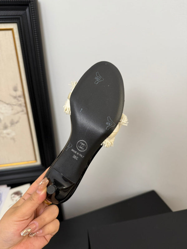 cc25 slide sandal 65mm ruffle bow heels black grosgrain white canvas 233582