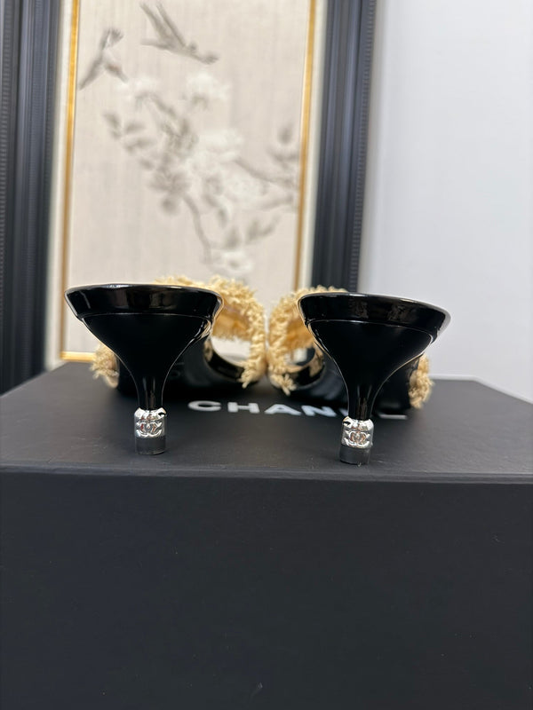 cc25 slide sandal 65mm ruffle bow heels black grosgrain gold canvas 233583