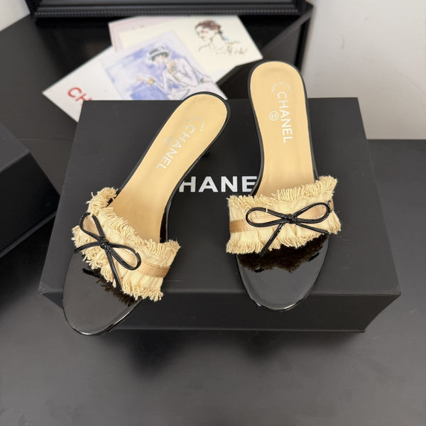 cc25 slide sandal 65mm ruffle bow heels black grosgrain gold canvas 233583