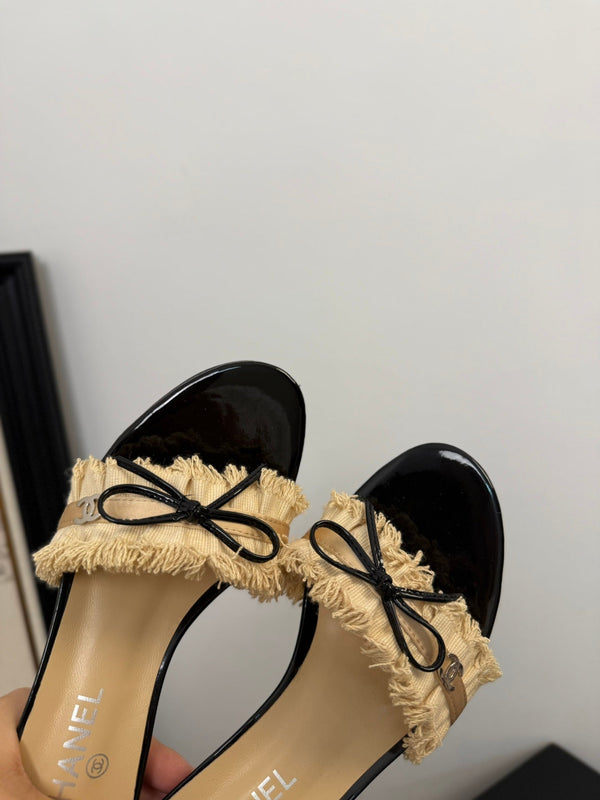 cc25 slide sandal 65mm ruffle bow heels black grosgrain gold canvas 233583