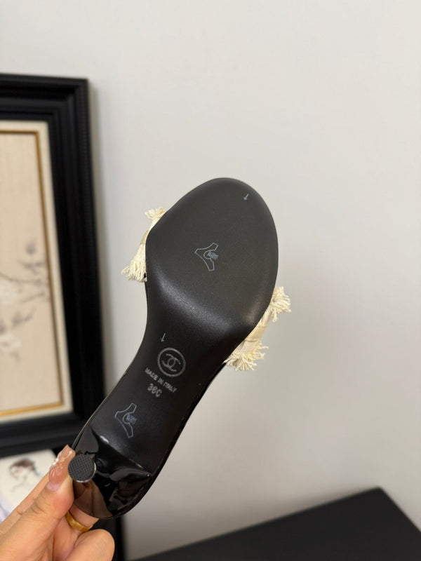 cc25 slide sandal 90mm ruffle bow heels black grosgrain white canvas 233585