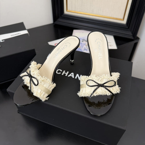 cc25 slide sandal 90mm ruffle bow heels black grosgrain white canvas 233585