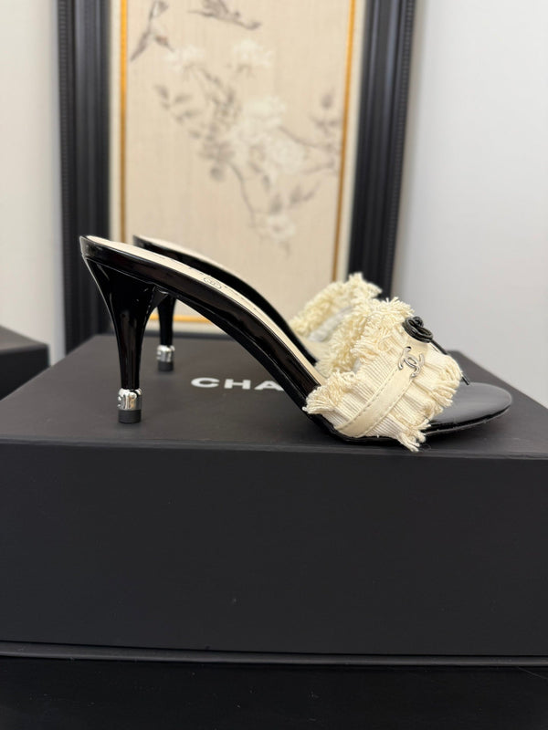 cc25 slide sandal 90mm ruffle bow heels black grosgrain white canvas 233585