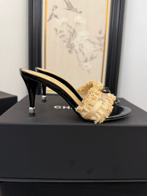 cc25 slide sandal 90mm ruffle bow heels black grosgrain gold canvas 233586