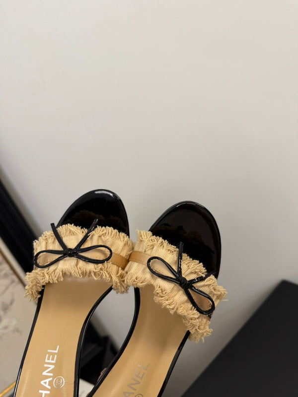 cc25 slide sandal 90mm ruffle bow heels black grosgrain gold canvas 233586