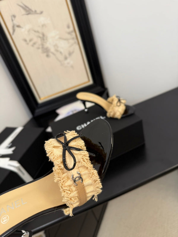 cc25 slide sandal 90mm ruffle bow heels black grosgrain gold canvas 233586