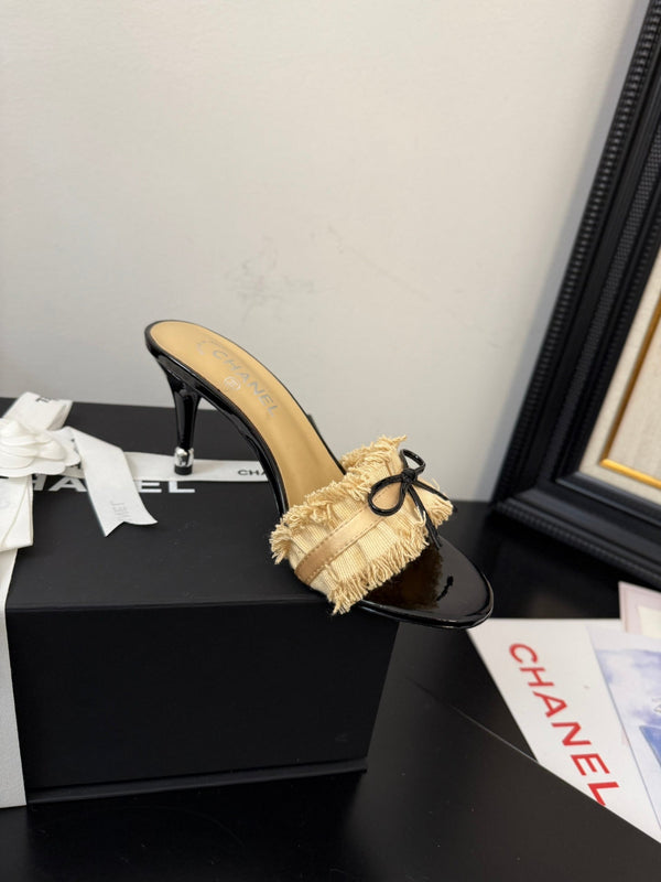 cc25 slide sandal 90mm ruffle bow heels black grosgrain gold canvas 233586